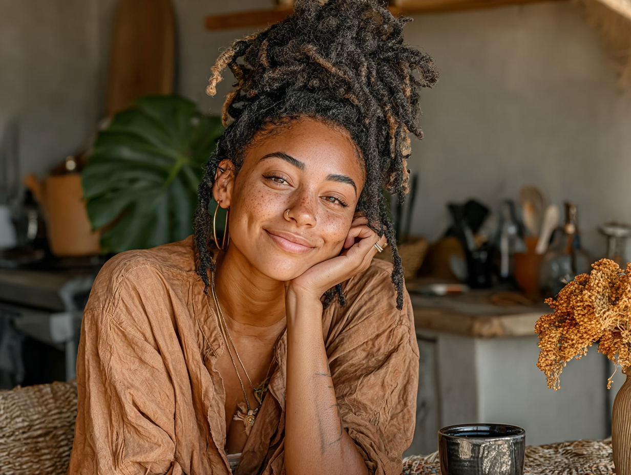 Mulher negra em ambiente clean tomando chá, representando bem-estar e prevenção da lombriga no intestino.