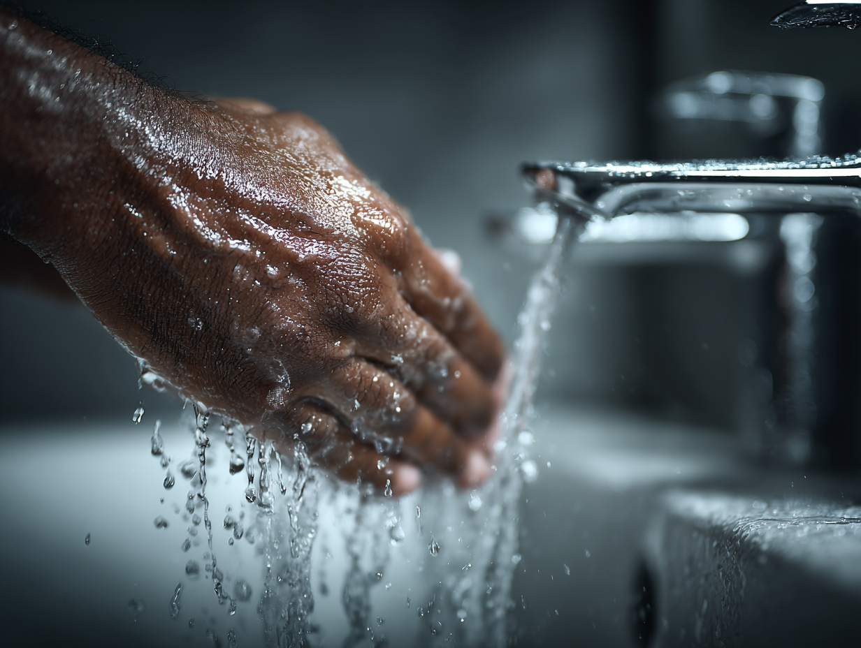 Homem negro lavando as mãos com atenção, representando hábitos de higiene para prevenção da teníase.