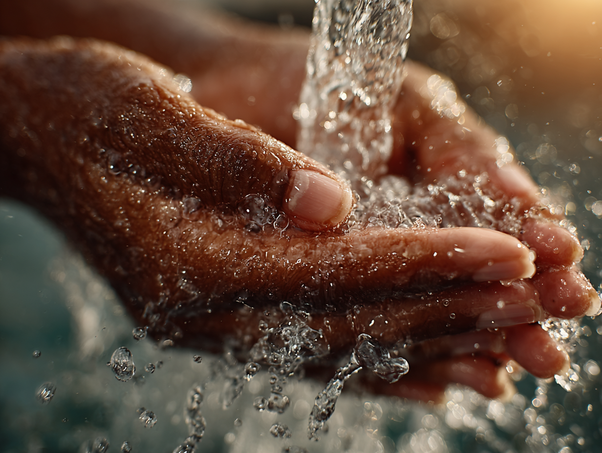 Foto clean mostrando as mãos de uma mulher negra sendo lavadas cuidadosamente, simbolizando a prevenção da teníase por higiene adequada.