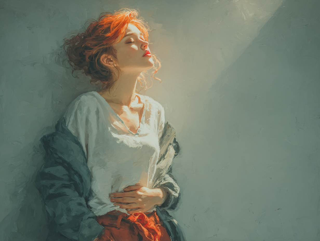 Ilustração anatômica de mulher ruiva com as mãos na barriga, representando os principais sintomas de vermes