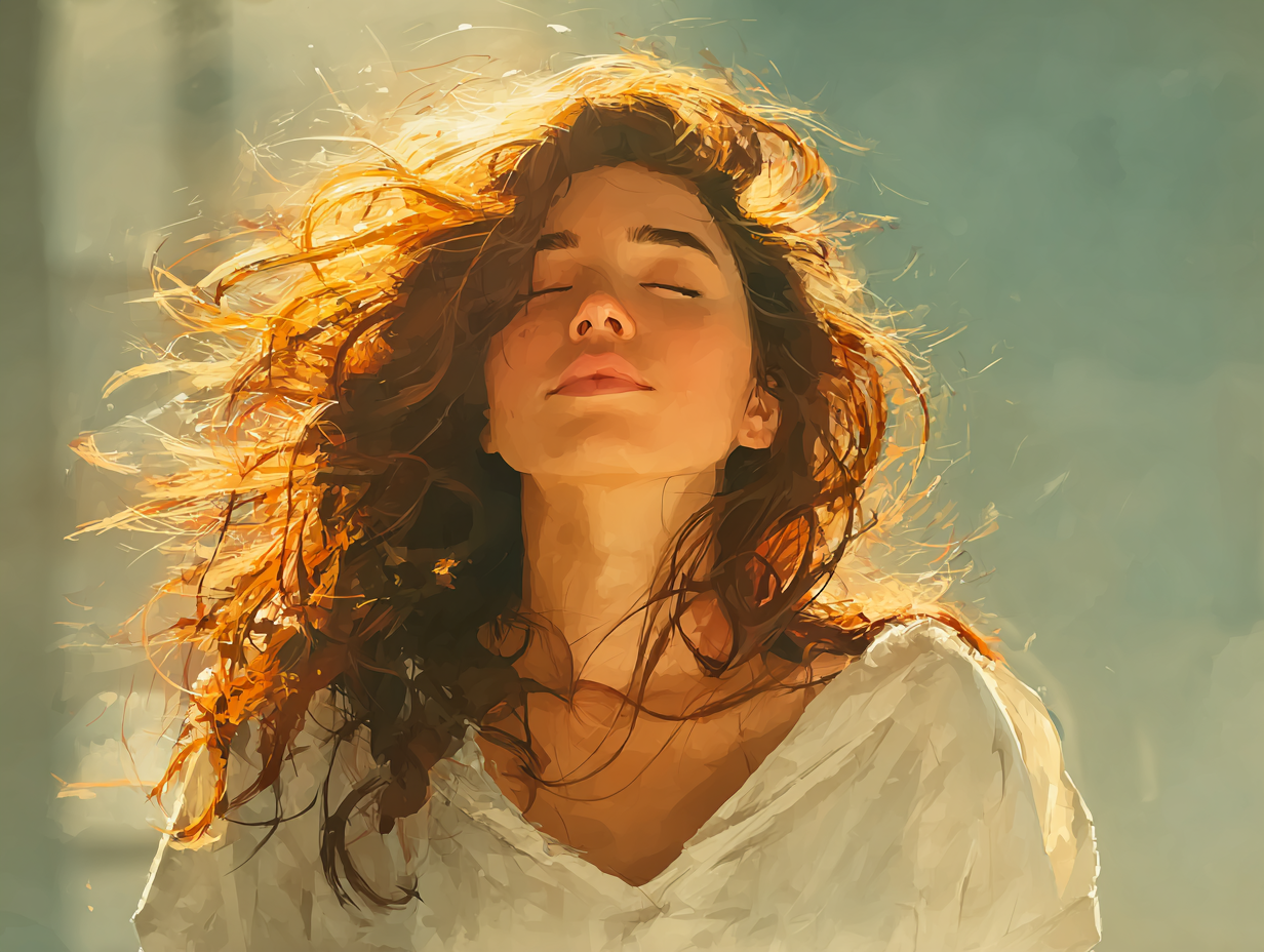 Mulher tranquila olhando pela janela com luz suave, representando bem-estar após tratamento funcional para candidíase.