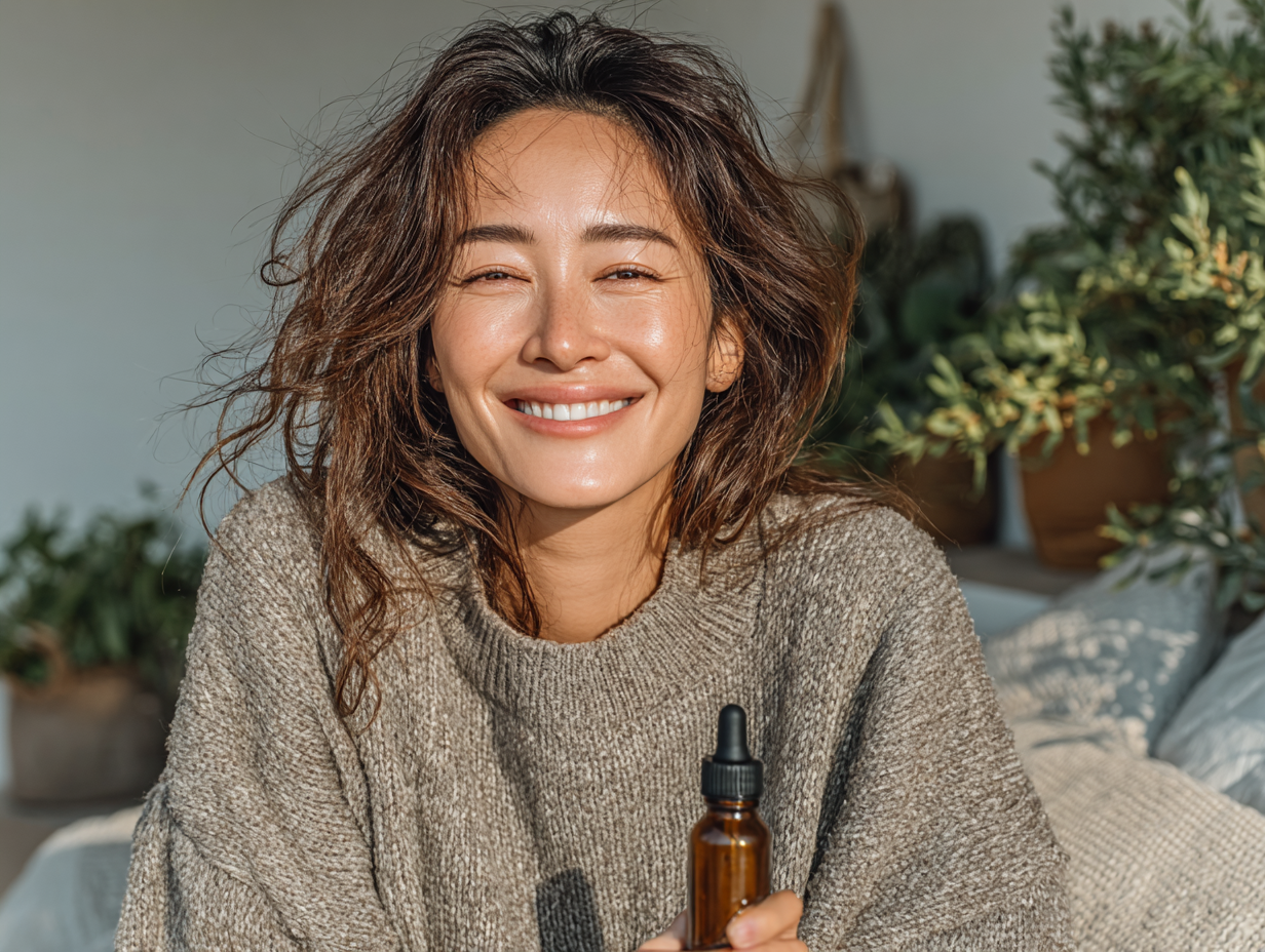 Mulher asiática sorridente segurando uma tintura herbal, simbolizando bem-estar restaurado após lidar com parasitas e cansaço excessivo.