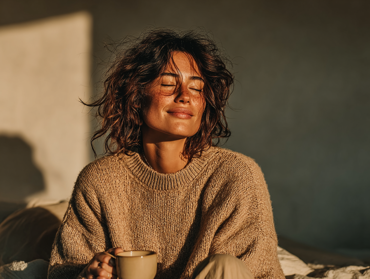 Foto clean de mulher morena em ambiente leve, tomando chá com tranquilidade após recuperação da candidíase frequente.