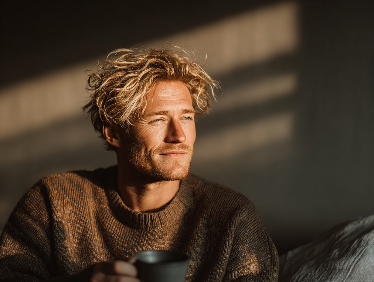 Homem loiro em ambiente leve e natural após uso da tintura de absinto, representando bem-estar intestinal