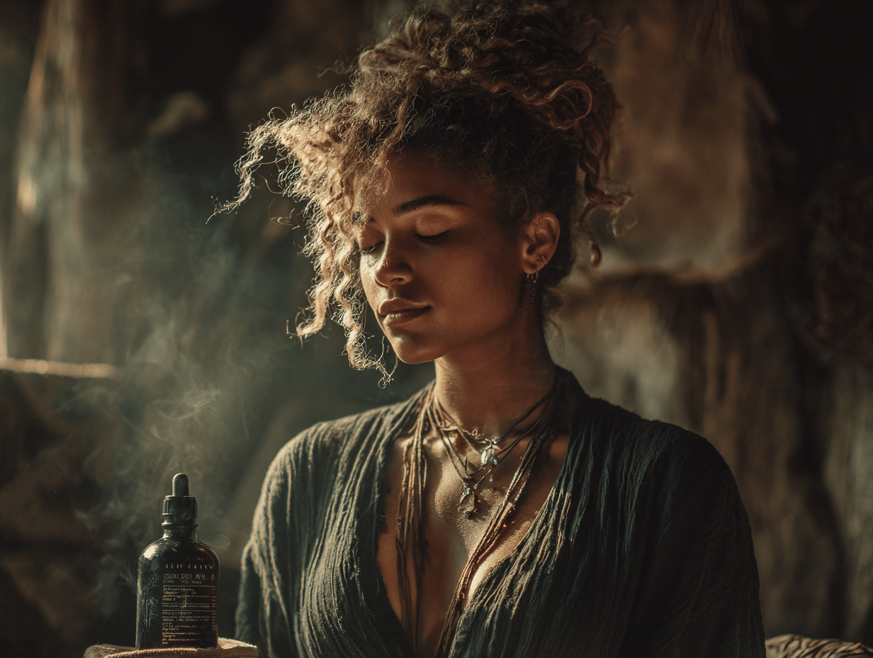 Representação simbólica dos relatos sobre o protocolo Hulda Clark, com mulher segurando frasco em ambiente calmo