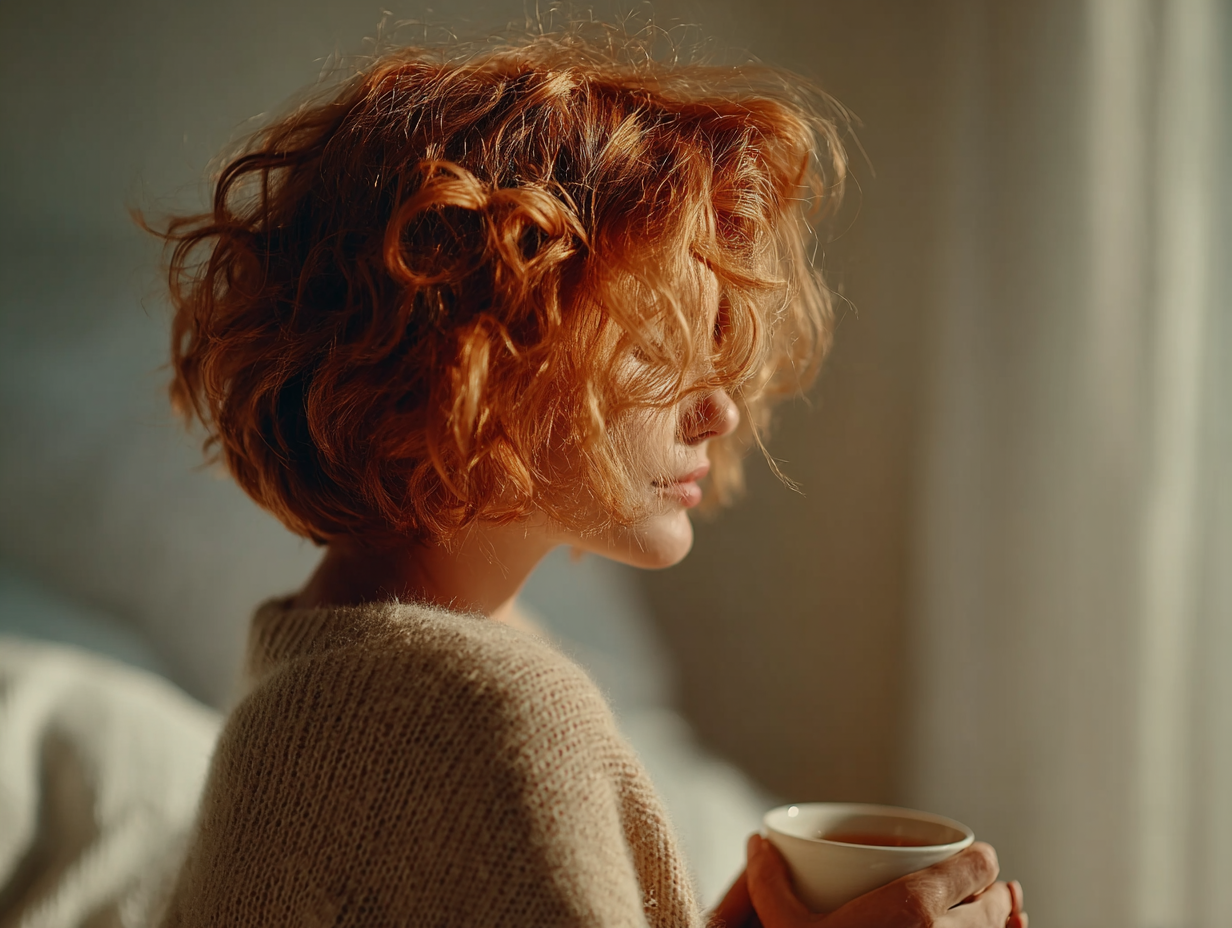 Mulher ruiva sorrindo levemente e tomando chá em um ambiente claro, representando bem-estar após o protocolo.