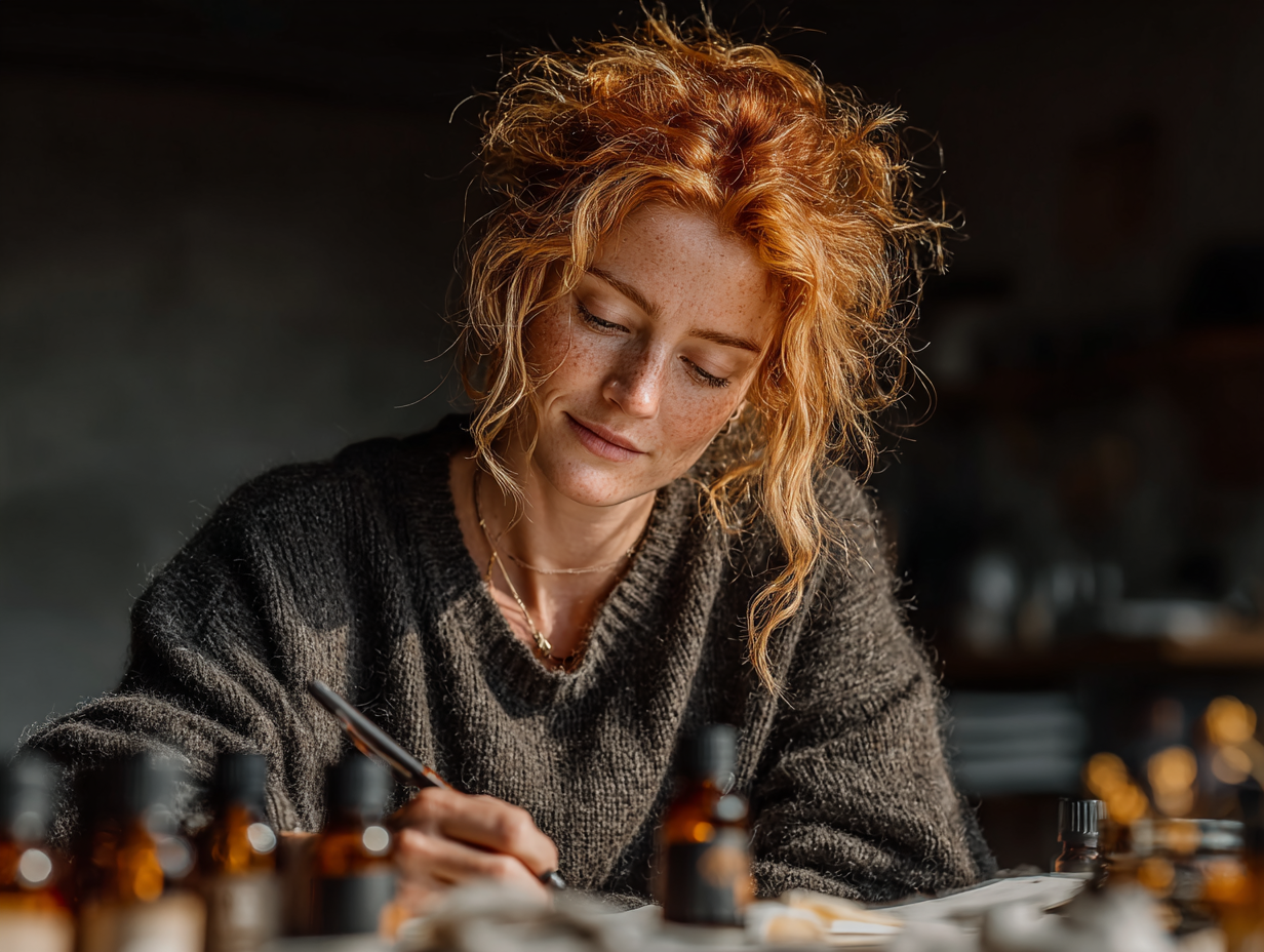Mulher ruiva analisando frascos naturais sobre a mesa, representando o passo a passo do protocolo.