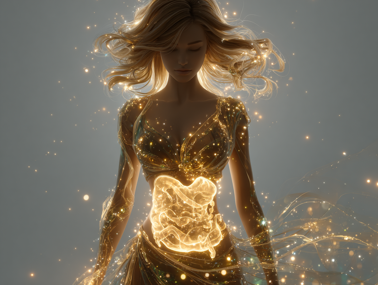 Representação simbólica de um organismo feminino saudável, com energia vital em equilíbrio, refletindo como o estilo de vida e a digestão influenciam quanto tempo dura o protocolo de desparasitação.