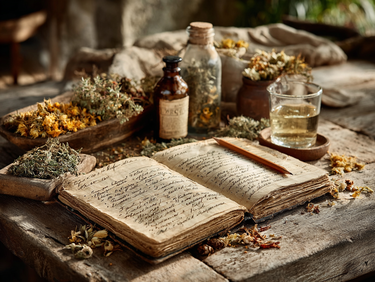 Imagem conceitual simbolizando o uso seguro do kit de tinturas para desparasitação, com checklist natural e ambiente organizado.