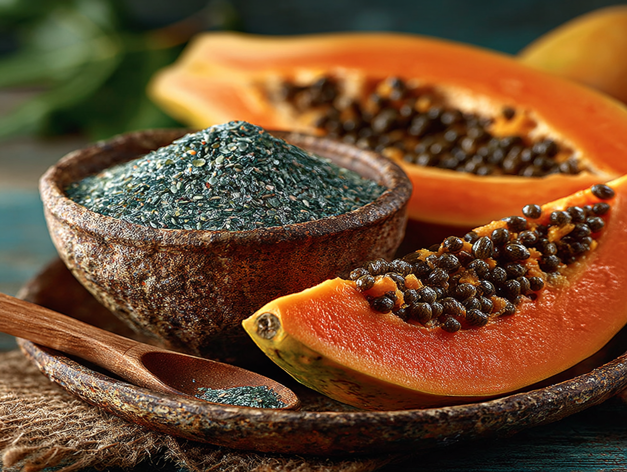 Sementes de mamão secas e trituradas usadas como antiparasitário natural.