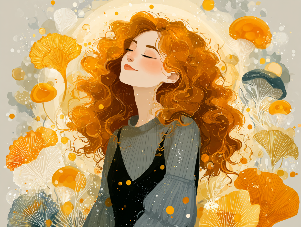 Mulher ruiva com expressão feliz, corpo envolto por aura dourada, simbolizando imunidade fortalecida e proteção contra fungos, com elementos visuais de saúde ao redor.