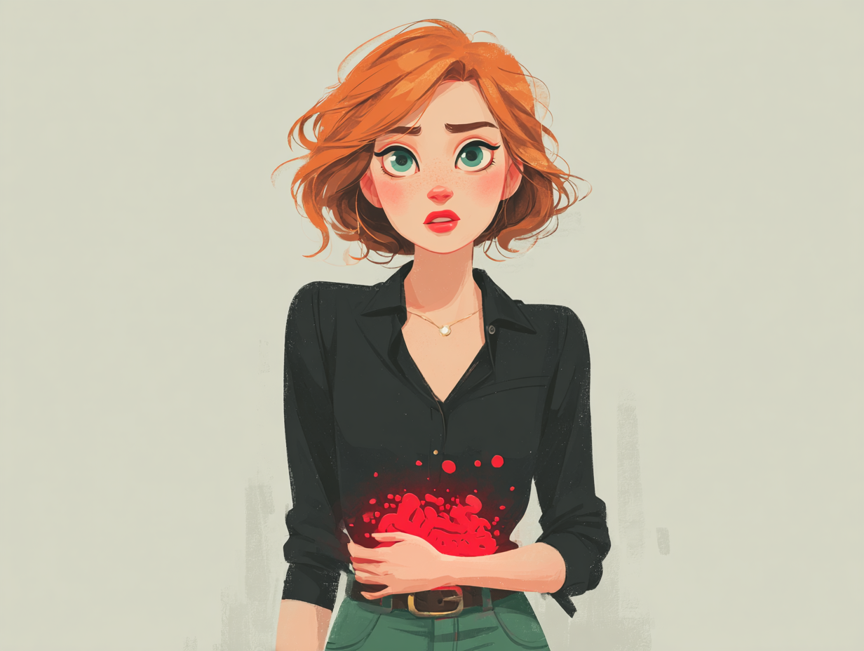 Mulher ruiva com expressão de dor abdominal, mão sobre o intestino e luz vermelha intensa na região, representando os sintomas do SIFO.