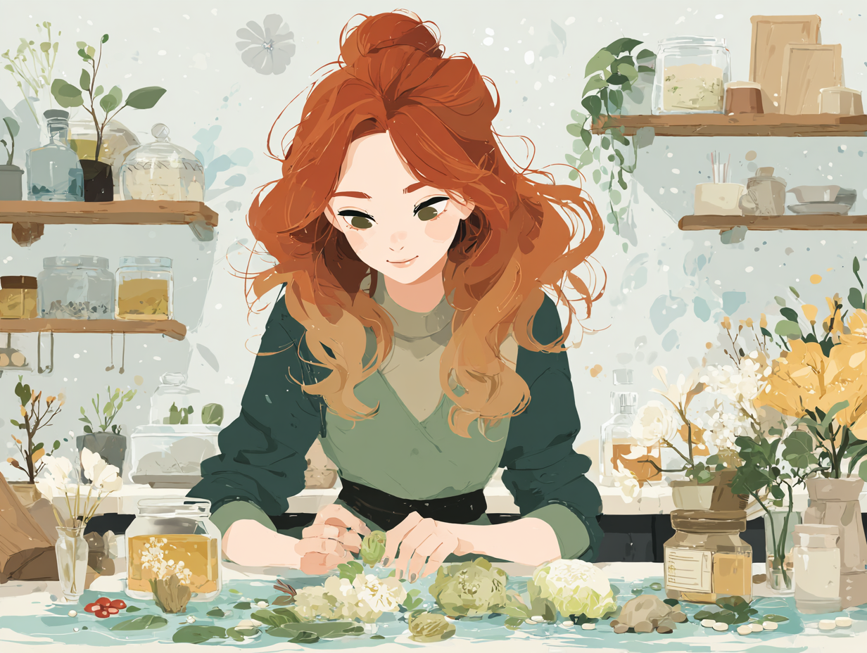 Mulher ruiva praticando tratamento funcional para SIFO, com mesa contendo alimentos naturais, cápsulas antifúngicas e chá, em ambiente saudável.