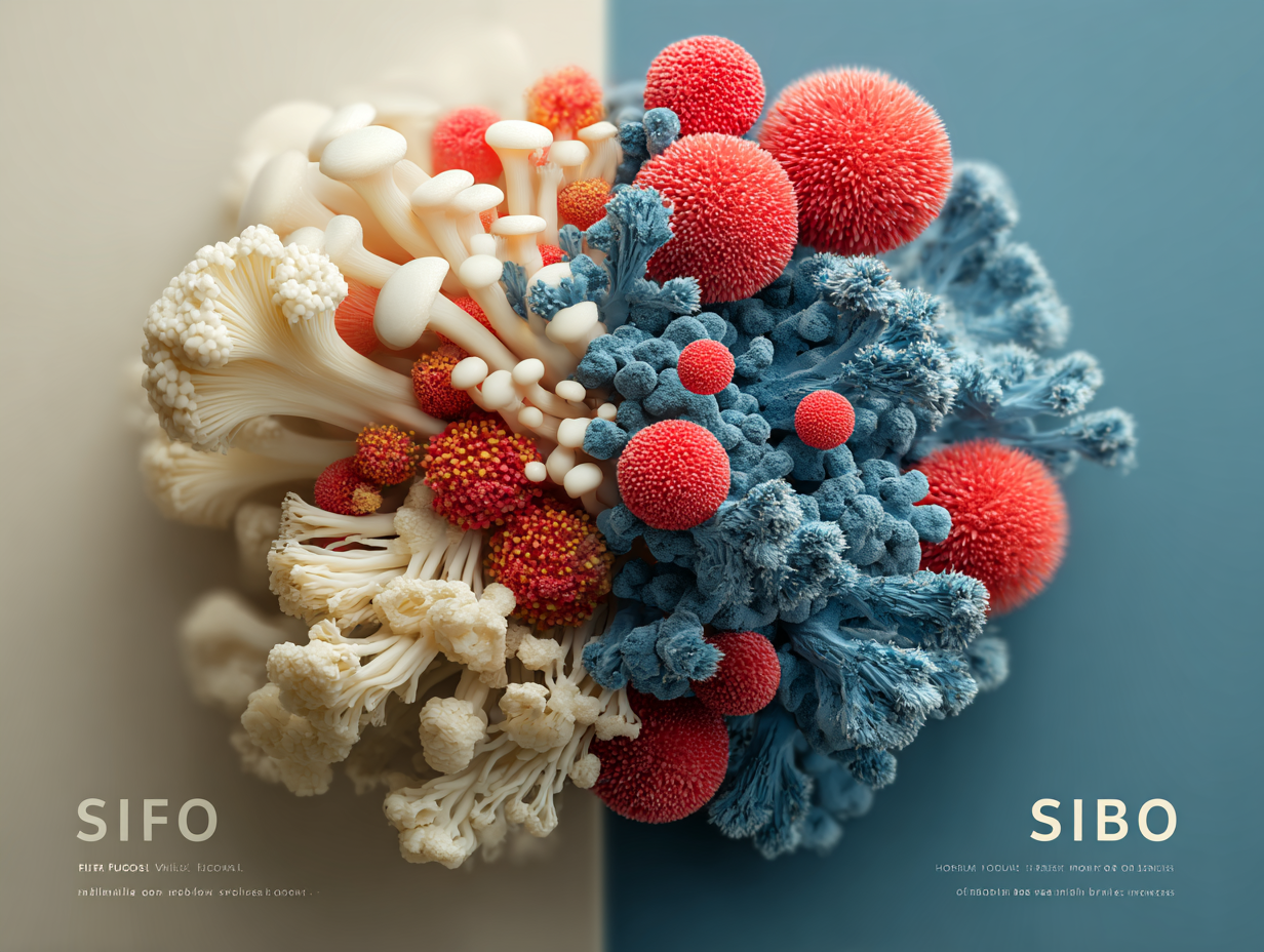 Infográfico flat comparando o que é SIFO e o que é SIBO, com grupos ilustrados em lados opostos e características simbólicas distintas.