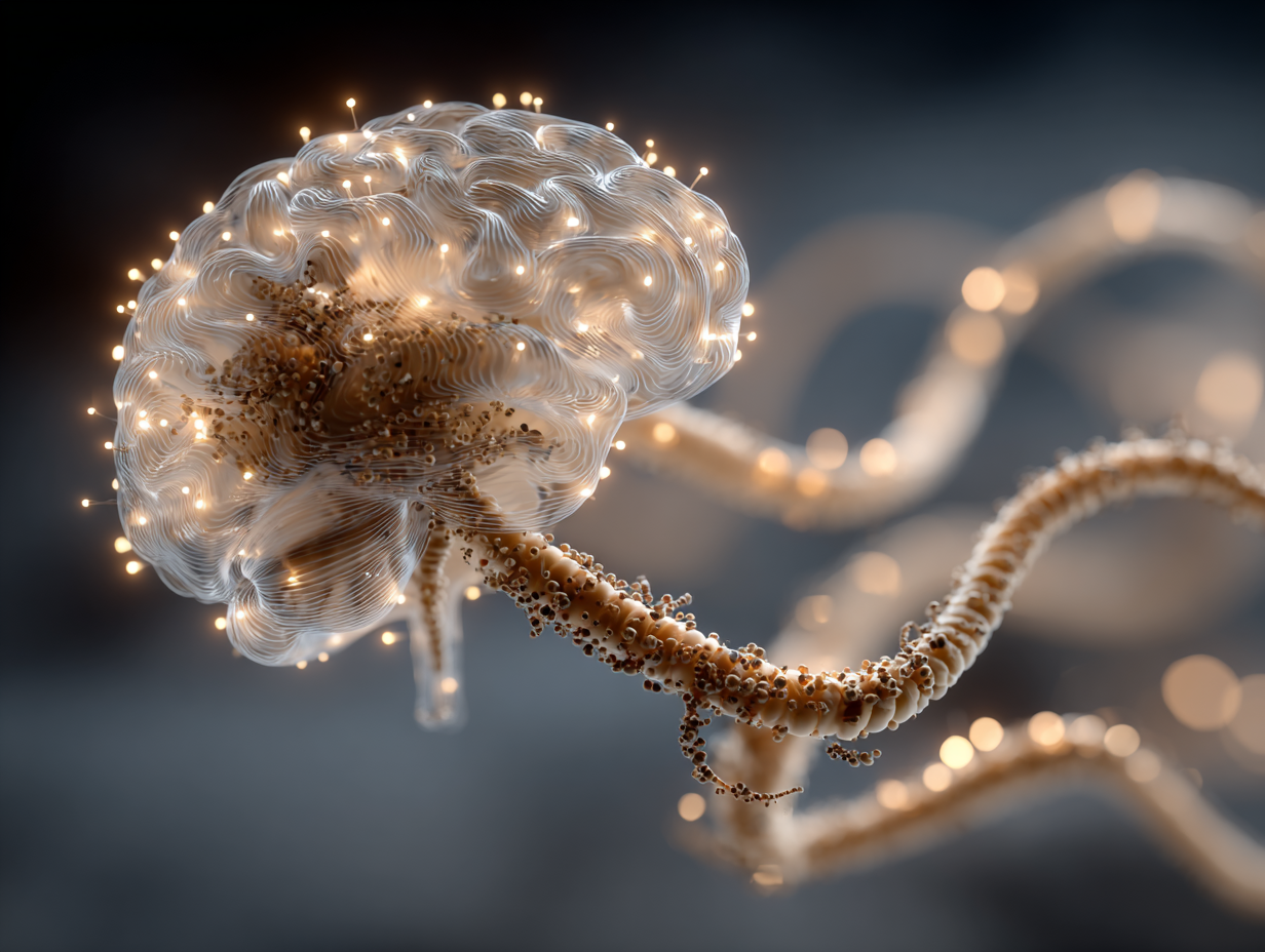 Ilustração simbólica representando a progressão da teníase para cisticercose com elementos visuais suaves de parasitas e cérebro estilizado.