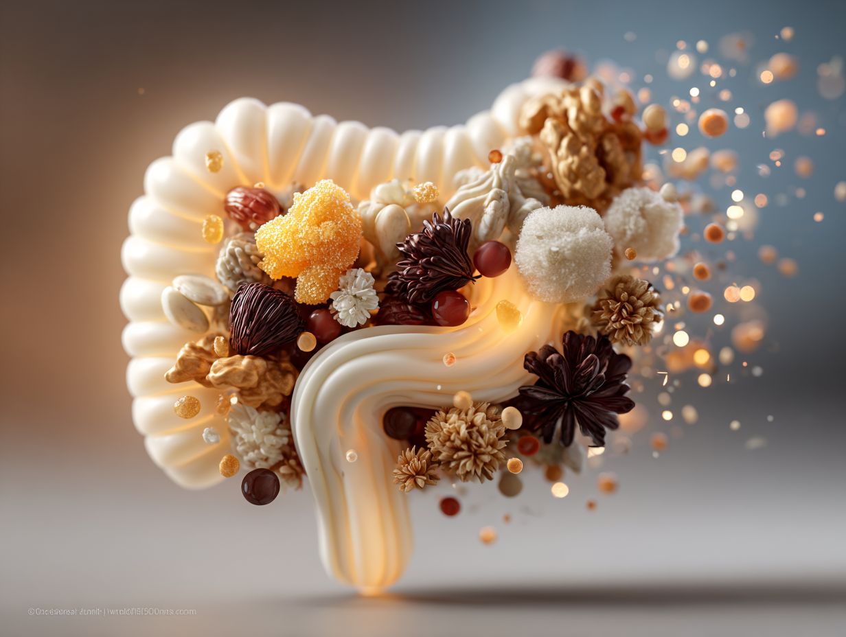 Ilustração simbólica representando o intestino humano cercado por micronutrientes essenciais, sugerindo a ligação entre vermes e queda de cabelo.