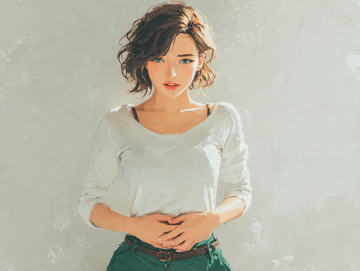 Ilustração semi-realista de mulher morena com mãos sobre a região pélvica, representando sintomas de ameba no intestino e desconfortos abdominais.