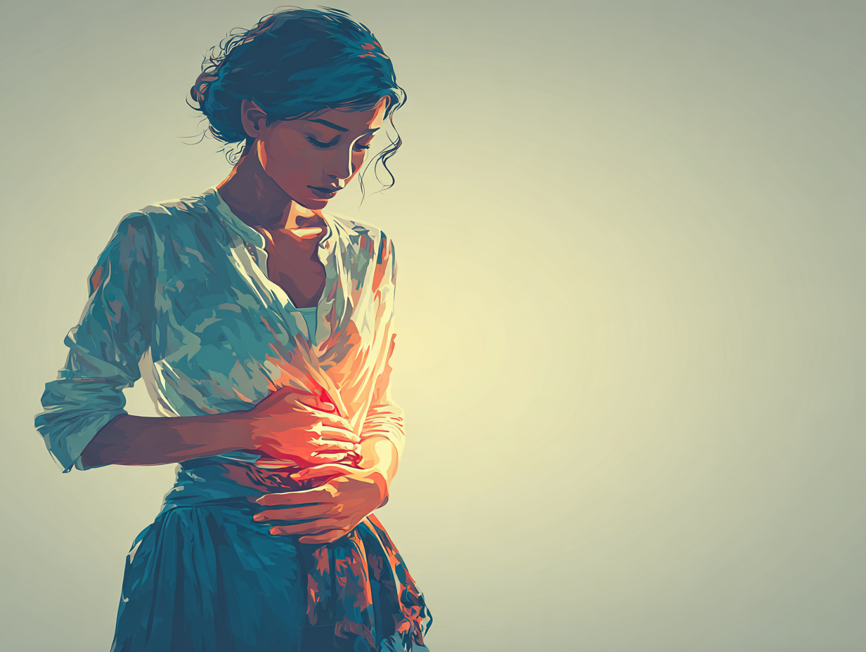 Ilustração médica de uma mulher negra com as mãos sobre o abdômen, simbolizando dor abdominal causada pela lombriga no intestino.