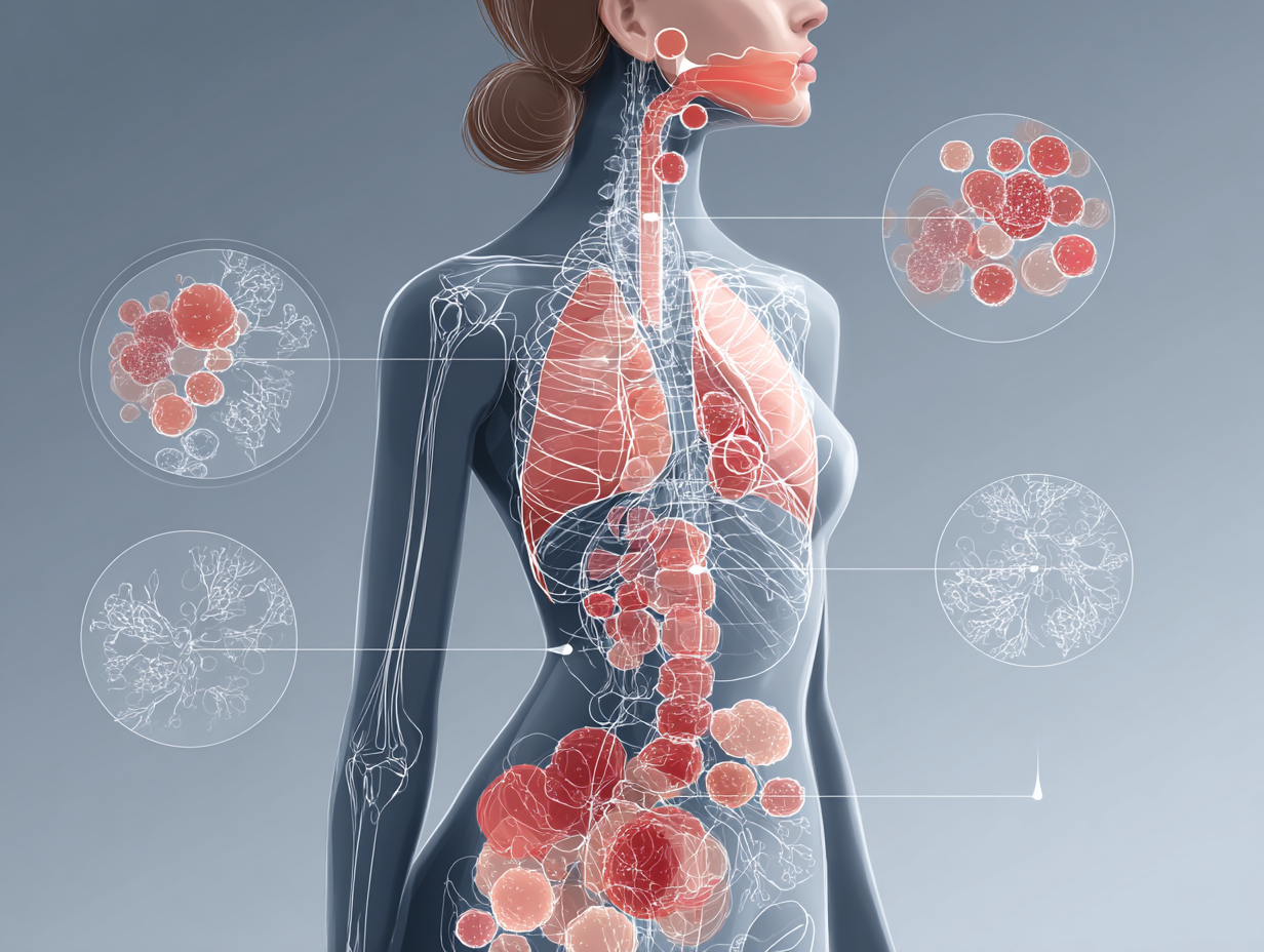Ilustração semi-realista mostrando regiões do corpo com áreas de desconforto típicas da candidíase: boca, pelve, dobras da pele.