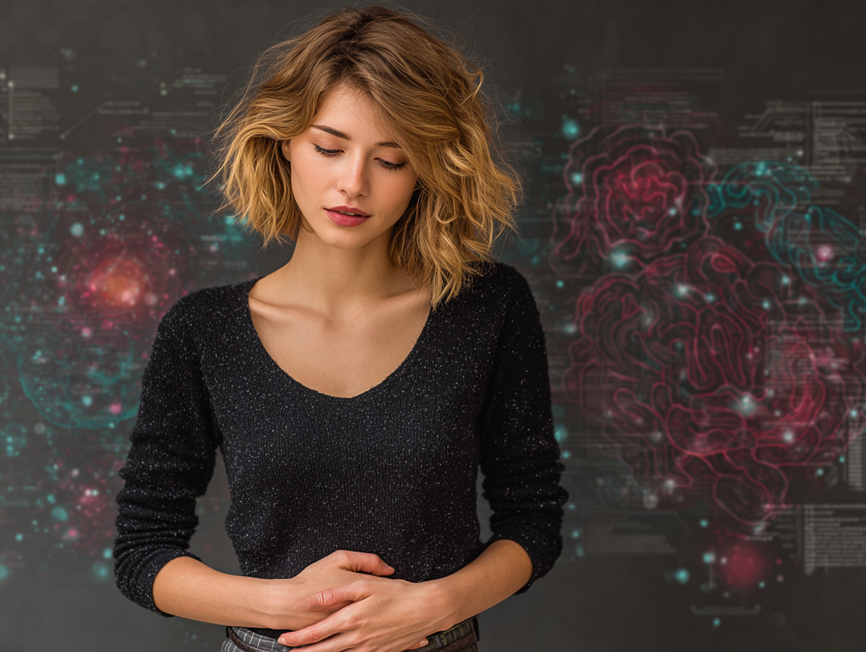 Ilustração respeitosa mostrando os principais sintomas da candidíase intestinal em mulher com leve desconforto abdominal.