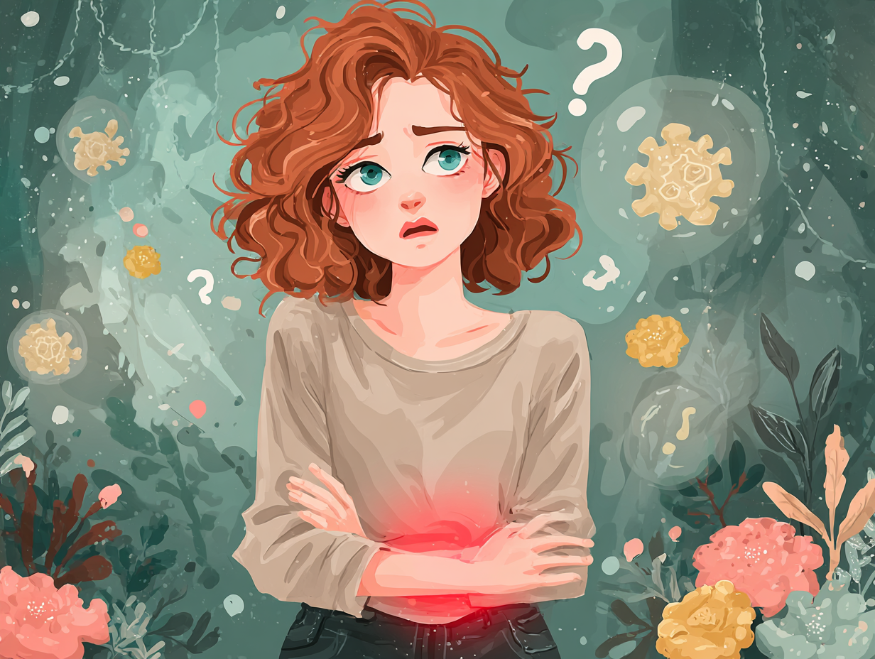 Ilustração flat de mulher ruiva com dor na região pélvica, interrogações e símbolos de fungos ao redor