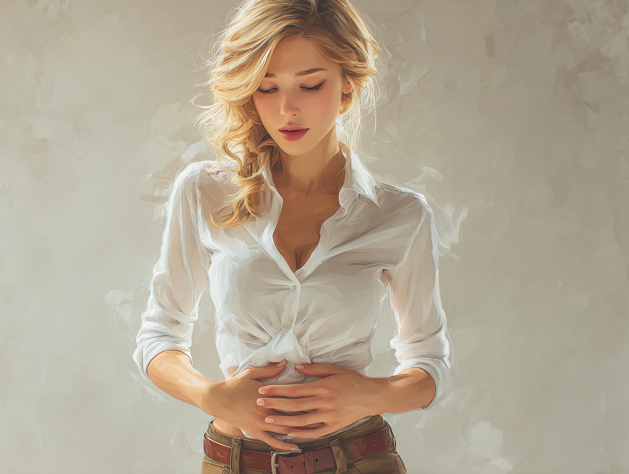 Ilustração anatômica representando mulher loira com mãos na região abdominal, simbolizando dor e desconforto estomacal.