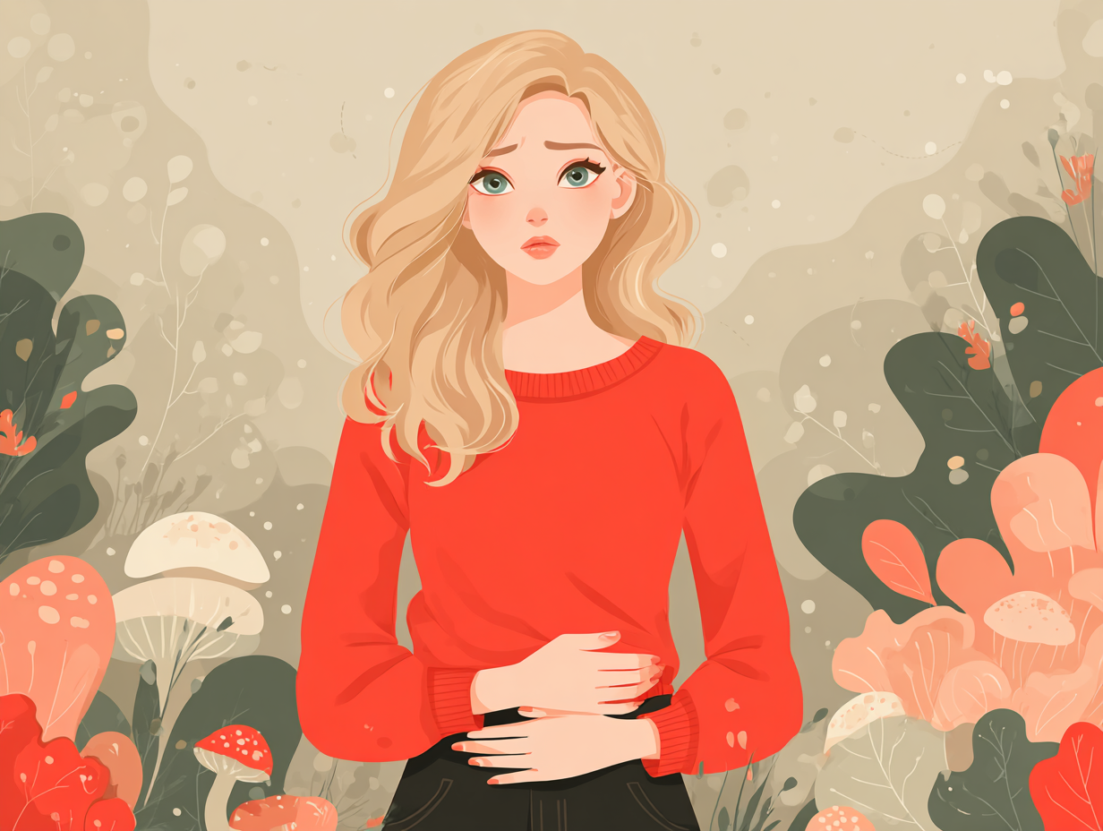 Ilustração flat de uma mulher loira com incômodo na região pélvica e sinais visuais de sintomas de candidíase