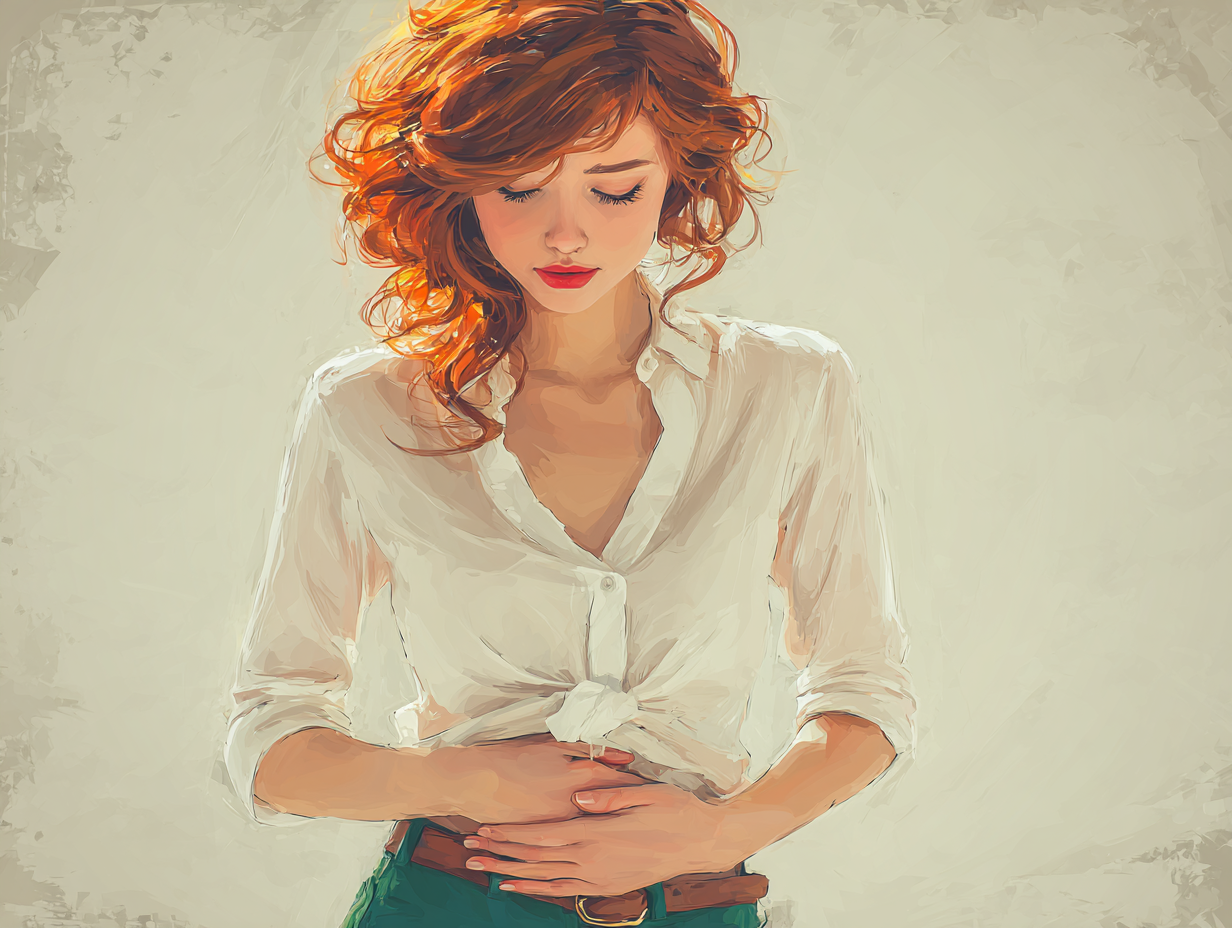 Ilustração anatômica leve com mulher ruiva demonstrando desconforto pélvico, sugerindo sintomas da candidíase que não passa.