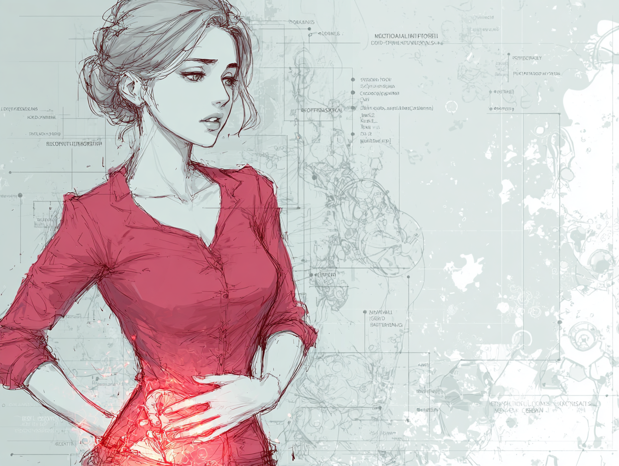 Ilustração médica mostrando áreas comuns de desconforto na candidíase por repetição, com destaque para a região pélvica.