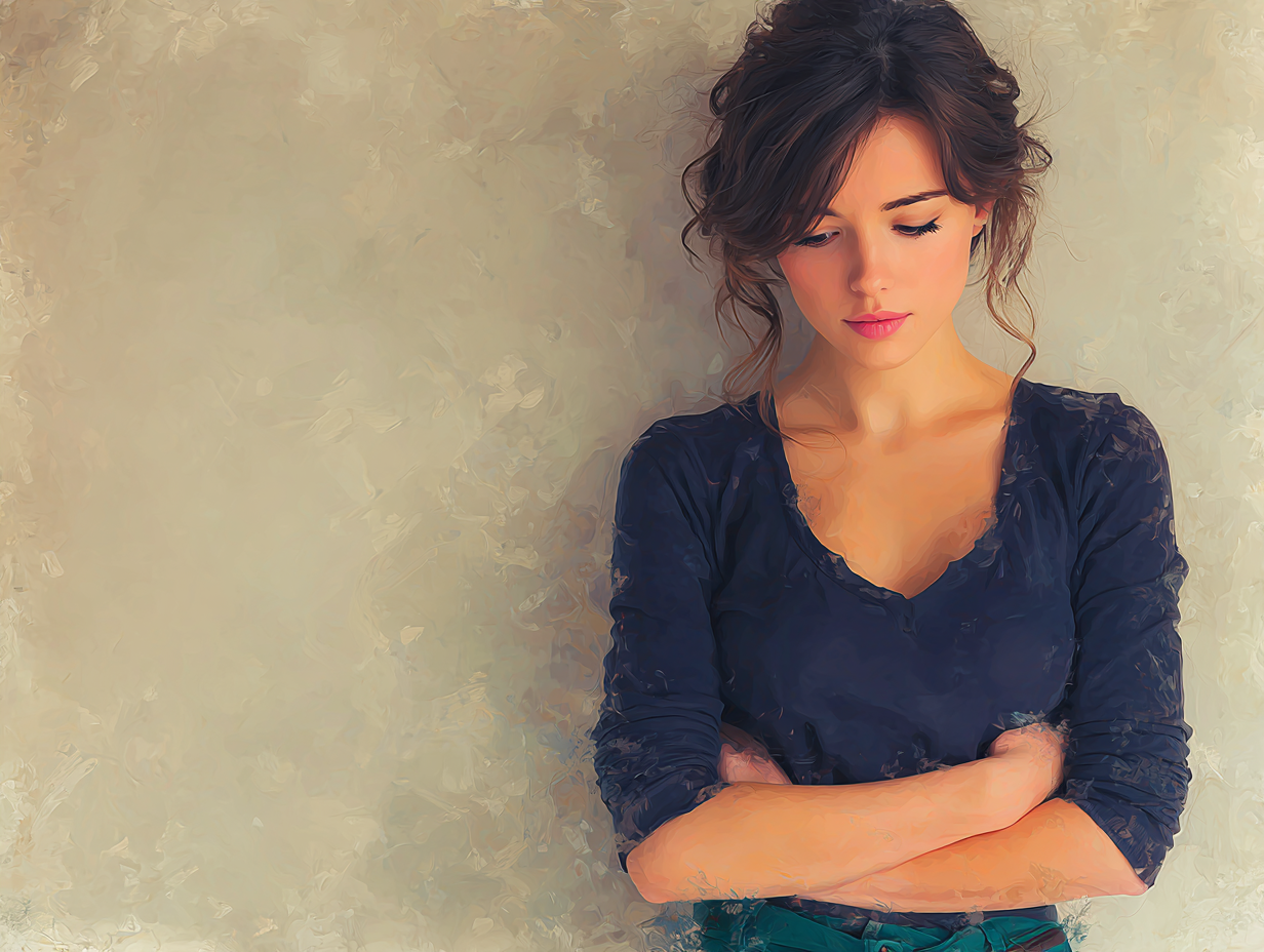 Ilustração semi-realista de mulher com expressão de desconforto na região pélvica, sugerindo coceira e irritação típica da candidíase que volta sempre devido ao sistema imunológico enfraquecido.