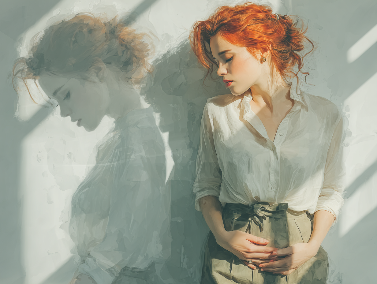 Ilustração anatômica suave de mulher ruiva com as mãos sobre a região pélvica, representando desconforto por ter candidíase todo mês.