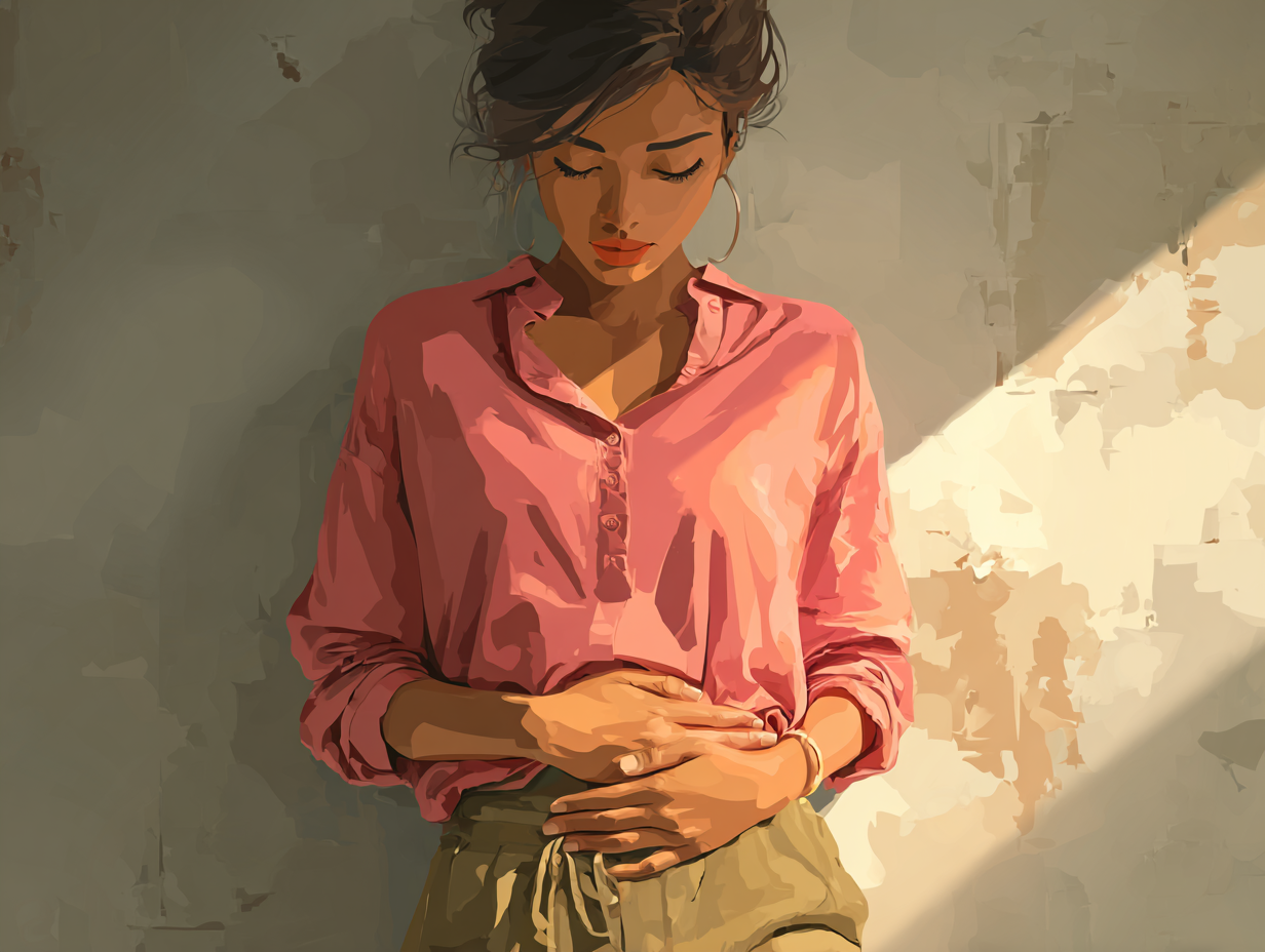 Ilustração semi-realista de uma mulher negra com mãos sobre a região pélvica, expressando desconforto físico leve.