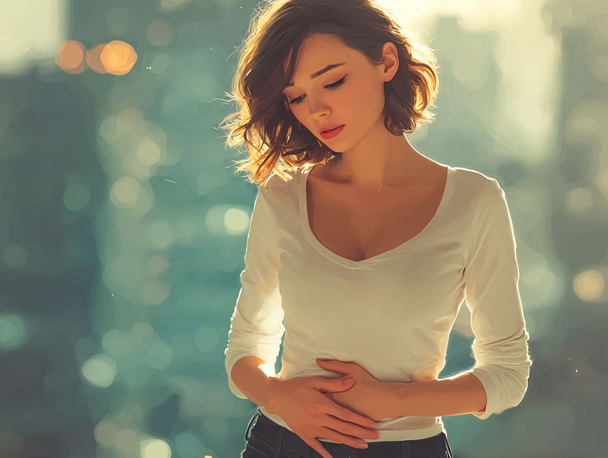 Mulher morena com mãos sobre o abdômen, representando os sintomas mais comuns de SIFO