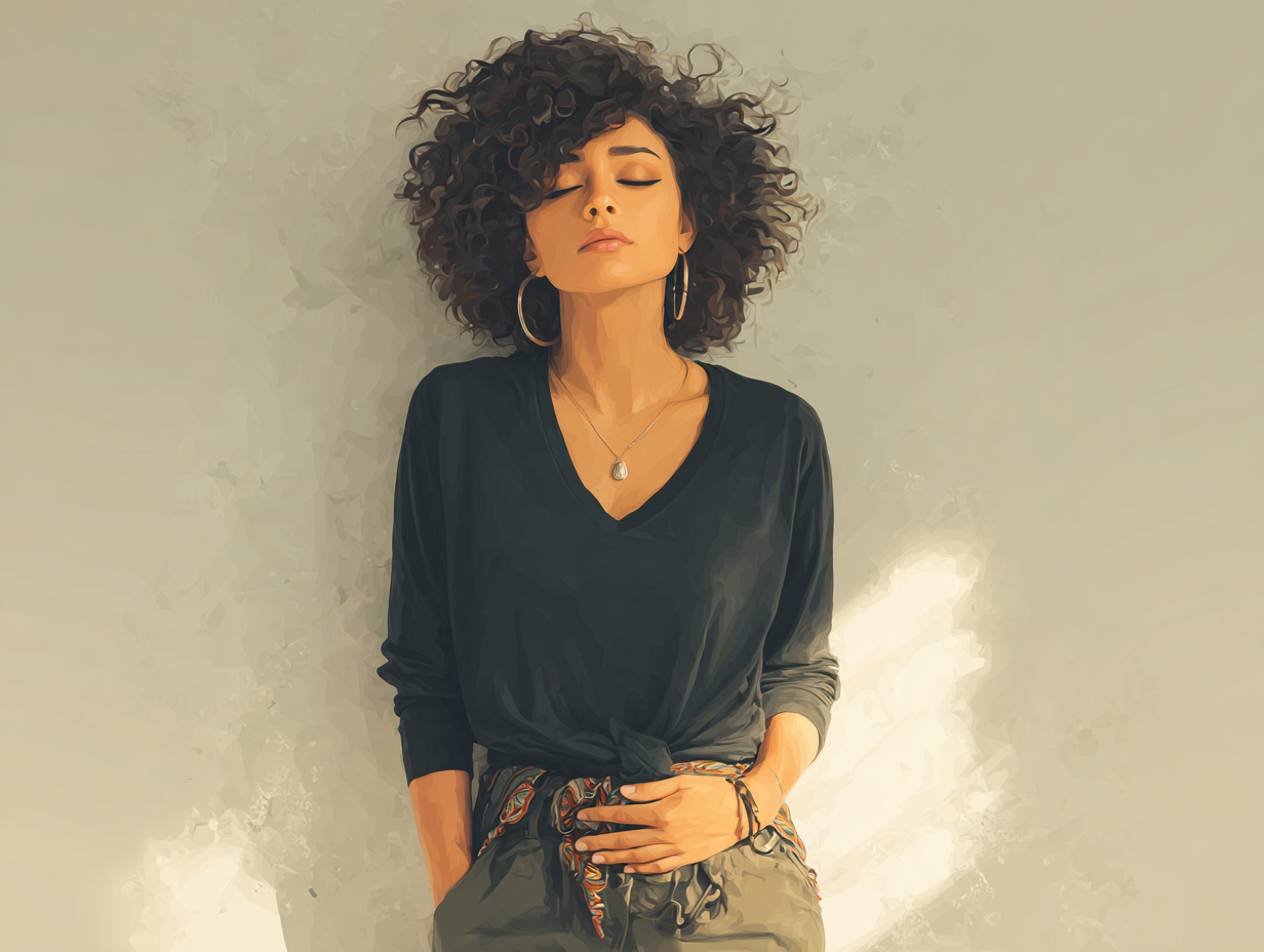 Ilustração semi-realista de mulher negra com mão sobre a região abdominal, expressando sintomas comuns de verminose — como dor, desconforto e sensação de fraqueza associada a vermes que causam cansaço.