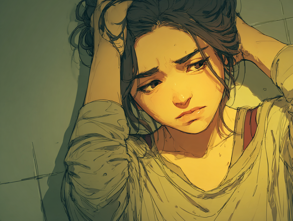 Mulher brunete cansada e emocionalmente exausta, simbolizando os sintomas emocionais causados por vermes intestinais.