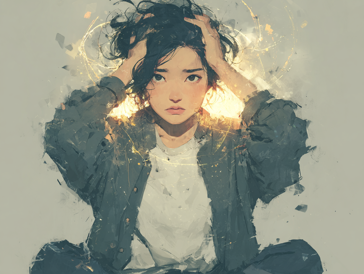 Mulher asiática com semblante tenso, mostrando sintomas emocionais ligados à infestação por parasitas.