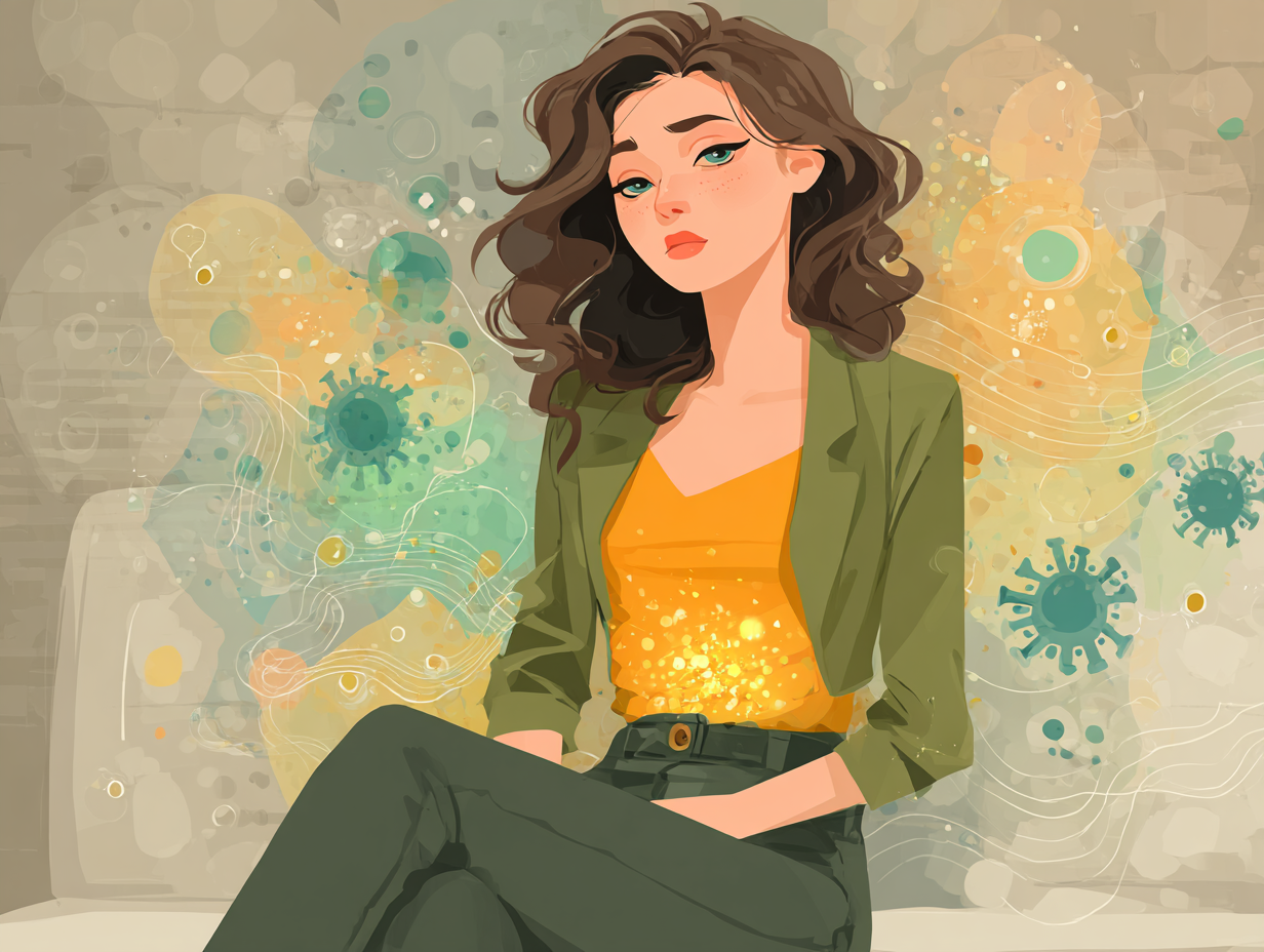 Representação anatômica de uma mulher brunete com sintomas digestivos, ajudando a identificar como saber se estou com verme.