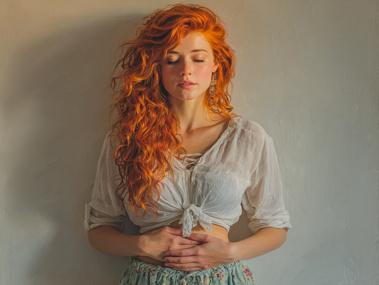 Ilustração semi-realista anatômica de mulher ruiva com as mãos sobre o abdome, representando sintomas de giardia em humanos.