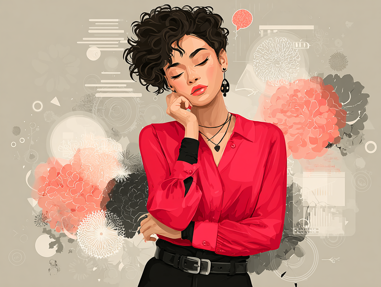 Ilustração educativa com sintomas visuais da candidíase intestinal em mulher negra.