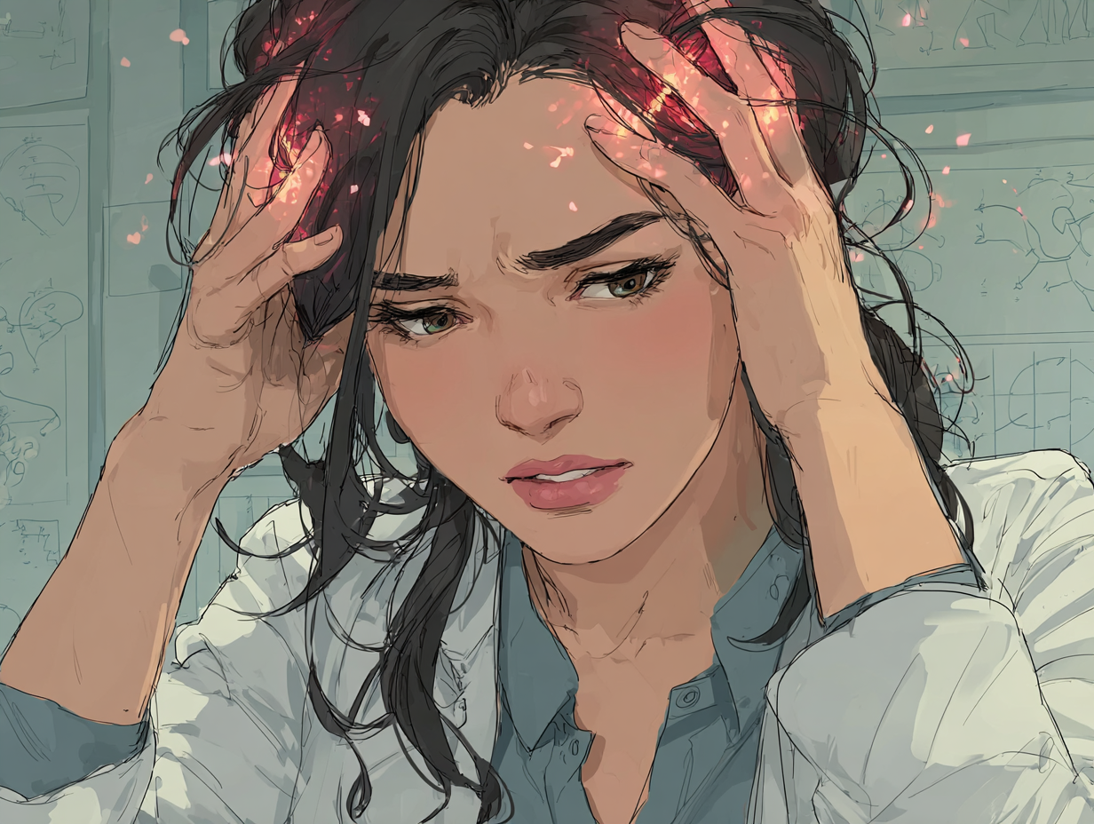 Ilustração emocional de mulher morena com mãos na cabeça, representando dor causada por verme no cérebro.