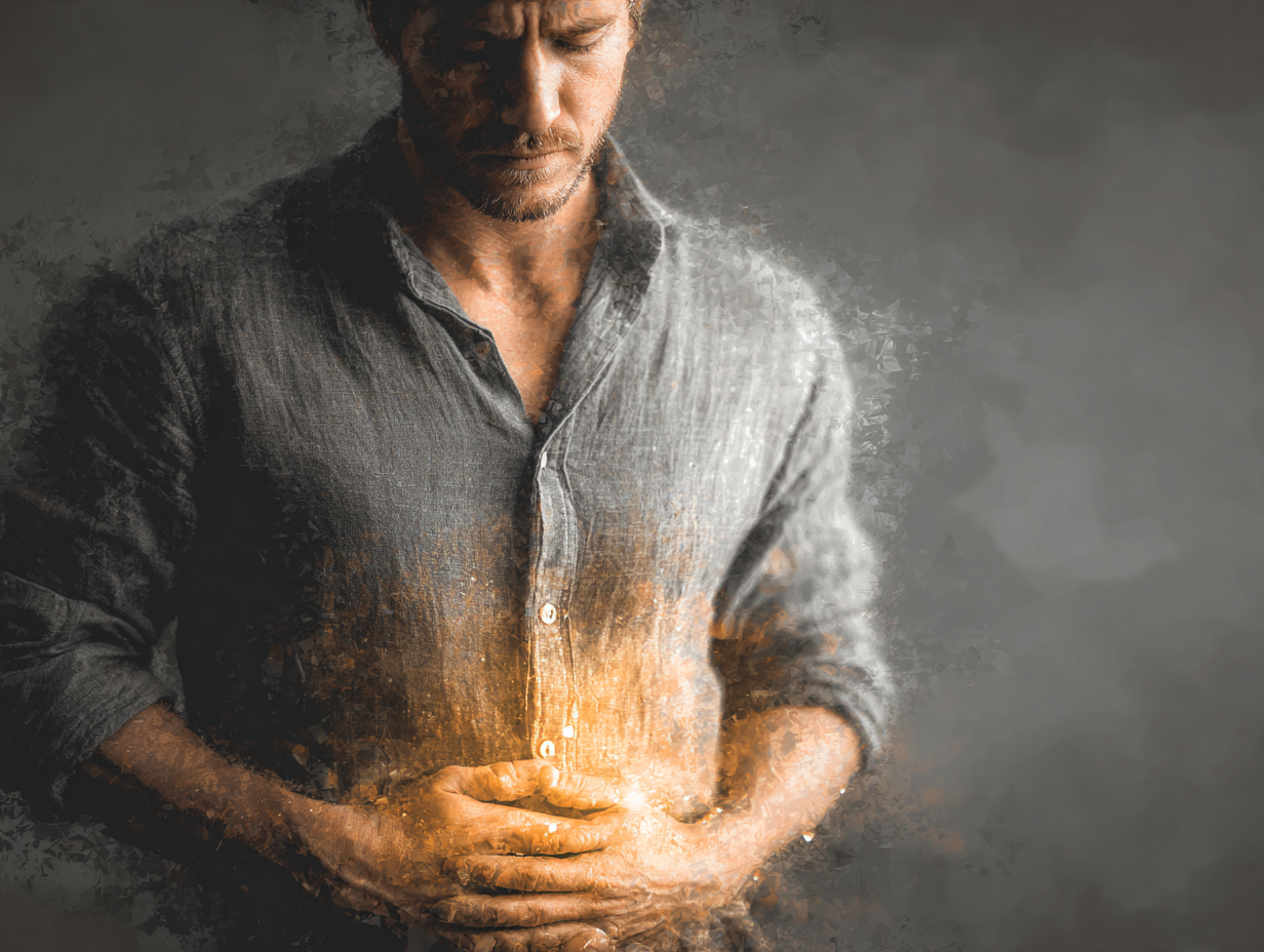 Ilustração de um homem loiro com desconforto abdominal, indicando possíveis sinais que levam à busca por como desparasitar o organismo.