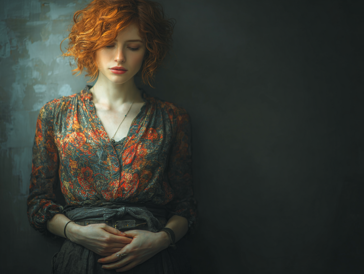 Ilustração semi-realista de mulher ruiva com mãos na região abdominal, simbolizando sintomas ocultos causados por vermes.