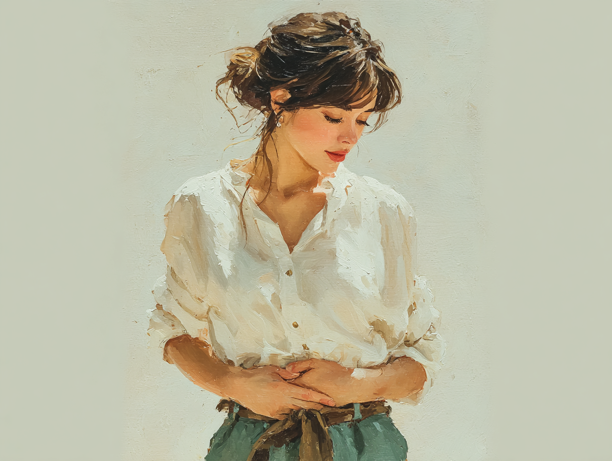 Mulher brunette com expressão de desconforto pressionando levemente o abdômen, representando sintomas do SIFO