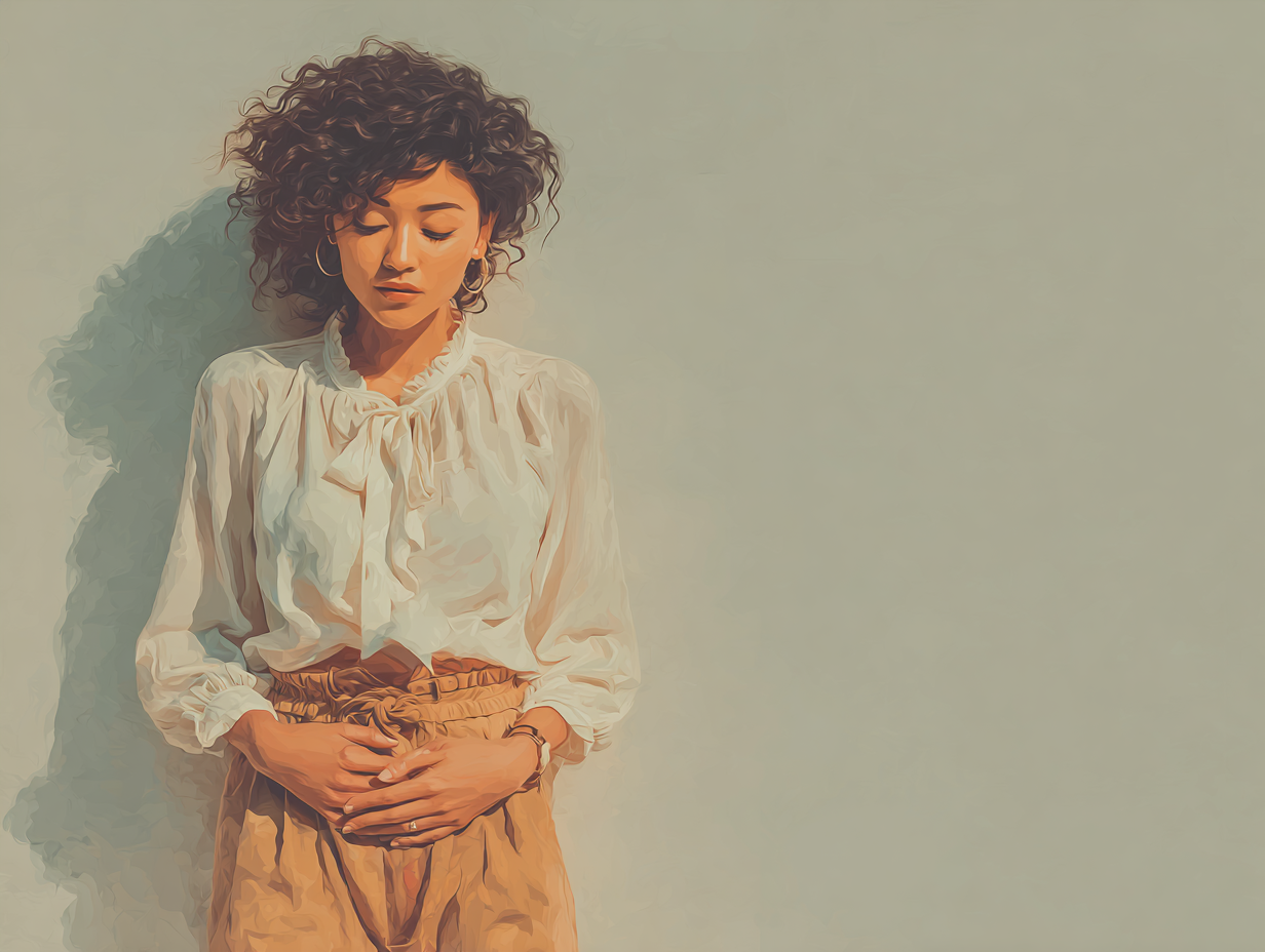 Mulher negra com as mãos no abdômen inferior, representando sintomas pélvicos e gastrointestinais da SIFO