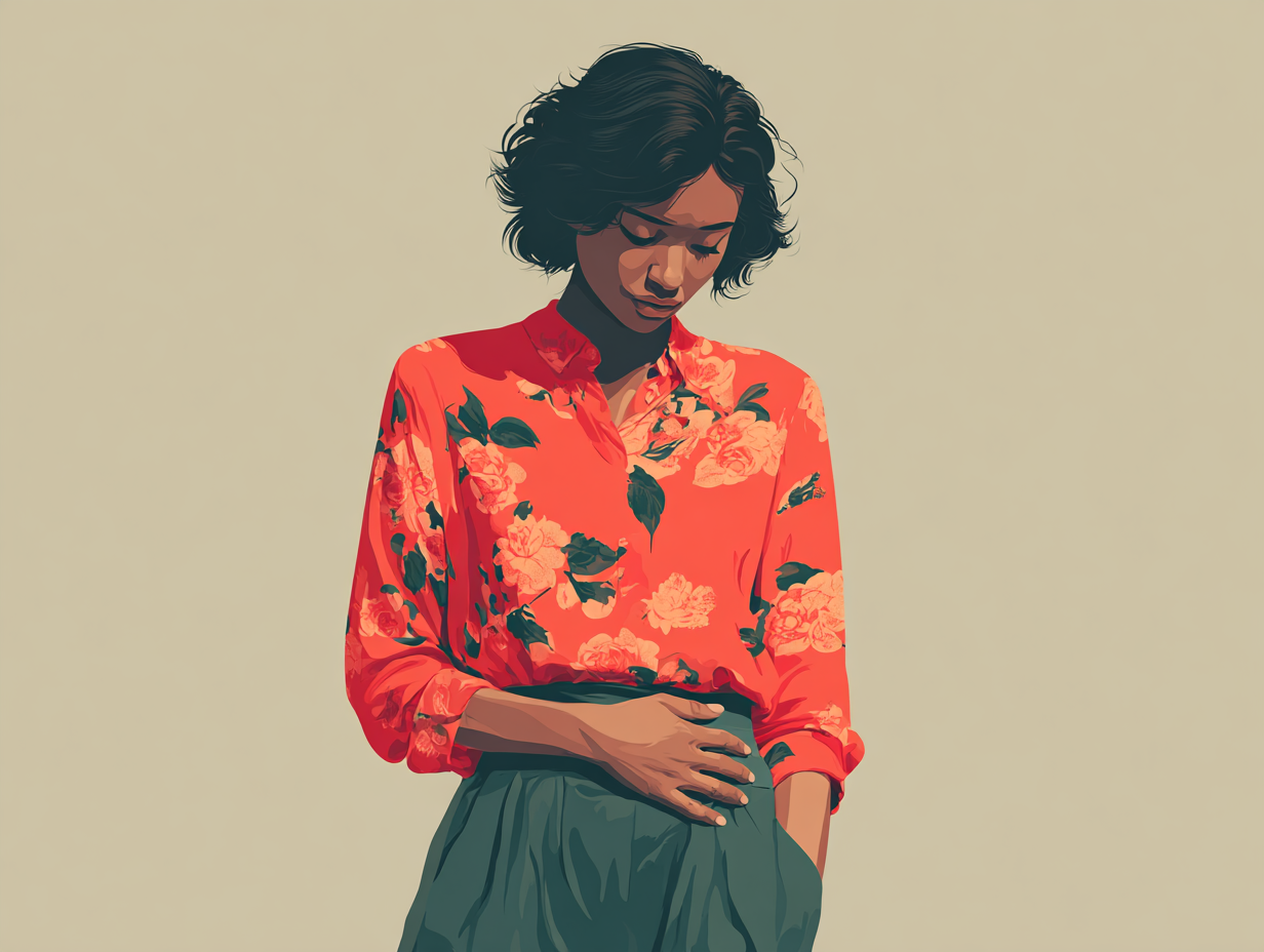 Ilustração anatômica de uma mulher negra com as mãos no abdômen, representando os sintomas da teníase, como dor intestinal e perda de peso.