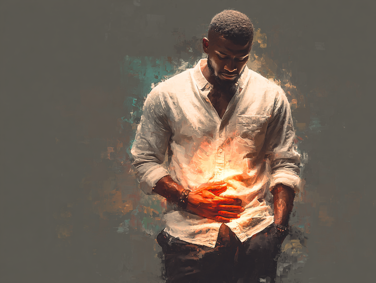 Ilustração anatômica leve mostrando um homem negro com as mãos na região abdominal, representando os sintomas de teníase.