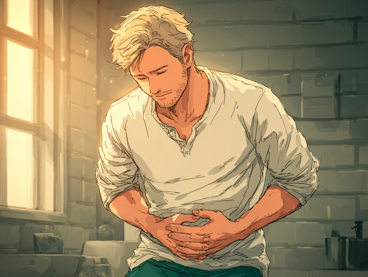 Homem loiro com expressão de incômodo abdominal leve, simbolizando os sintomas de verme em adulto de forma ética.