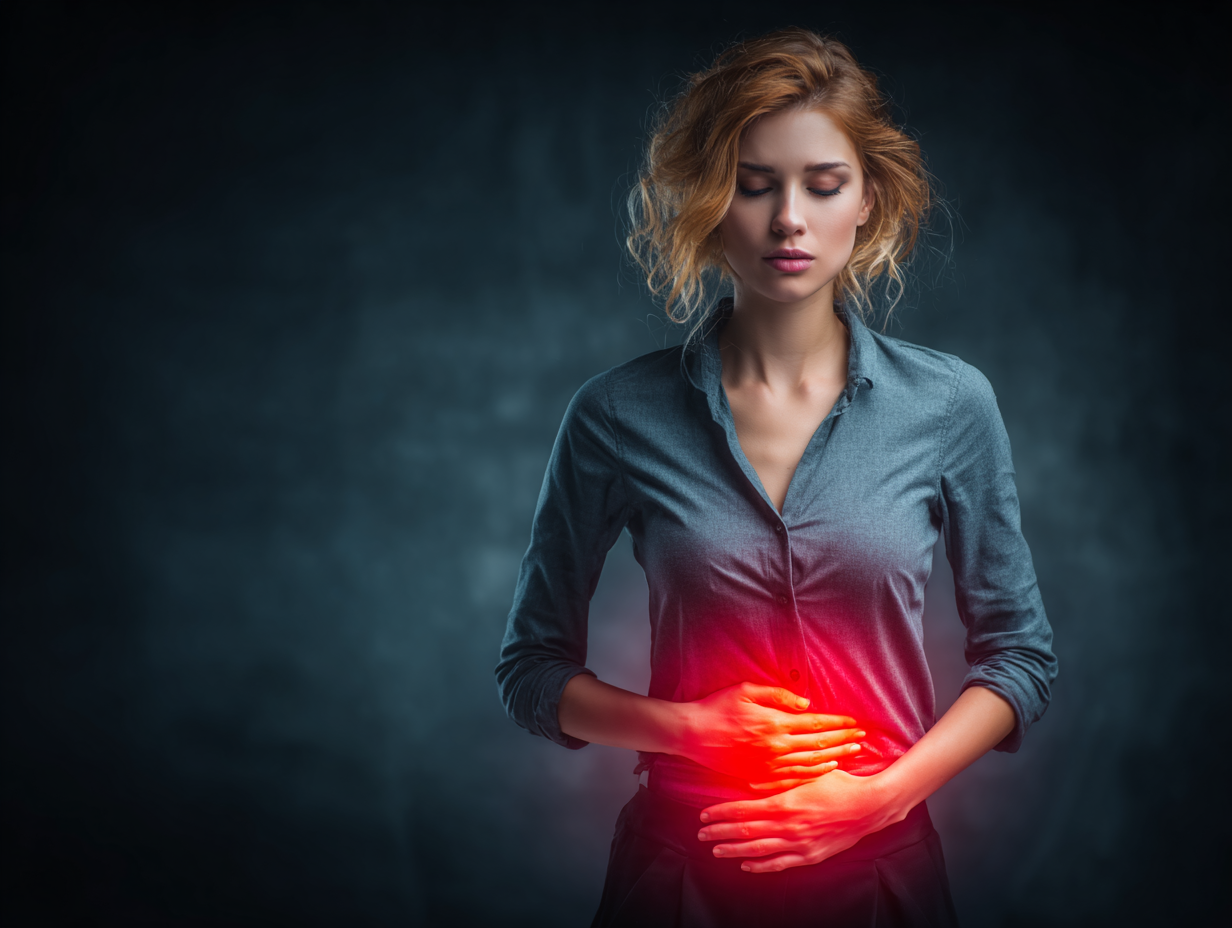 Ilustração anatômica mostrando os principais sintomas de verme intestinal em uma mulher ruiva.