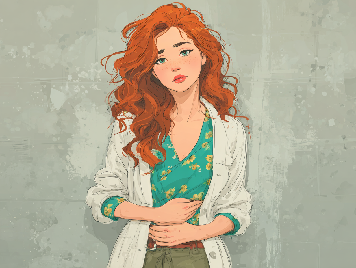 Mulher ruiva com mãos na região abdominal, representando sintomas comuns de vermes intestinais.