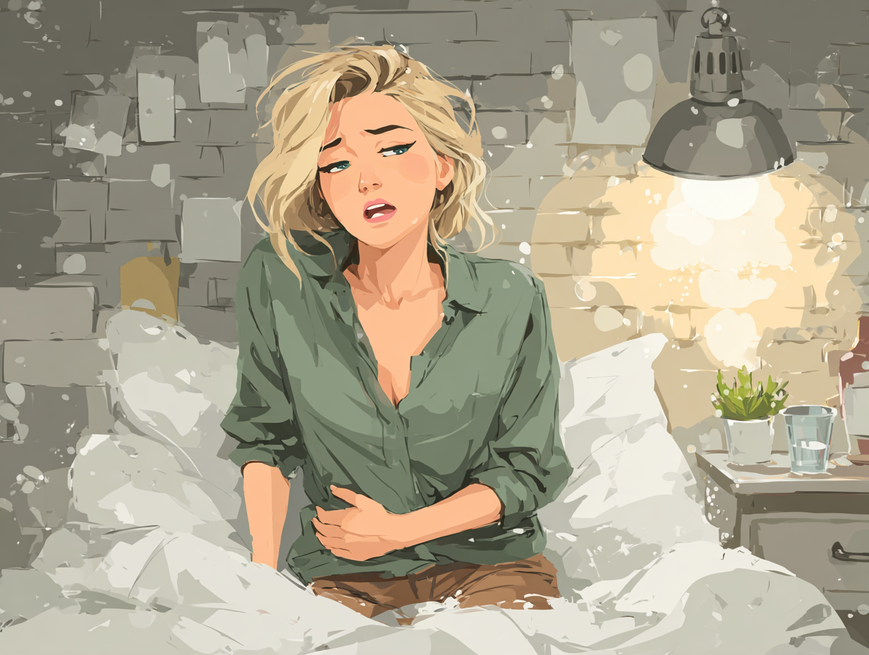 Ilustração simbólica de mulher loira com insônia e mãos no abdômen, mostrando sintomas de verme que afetam o sono.